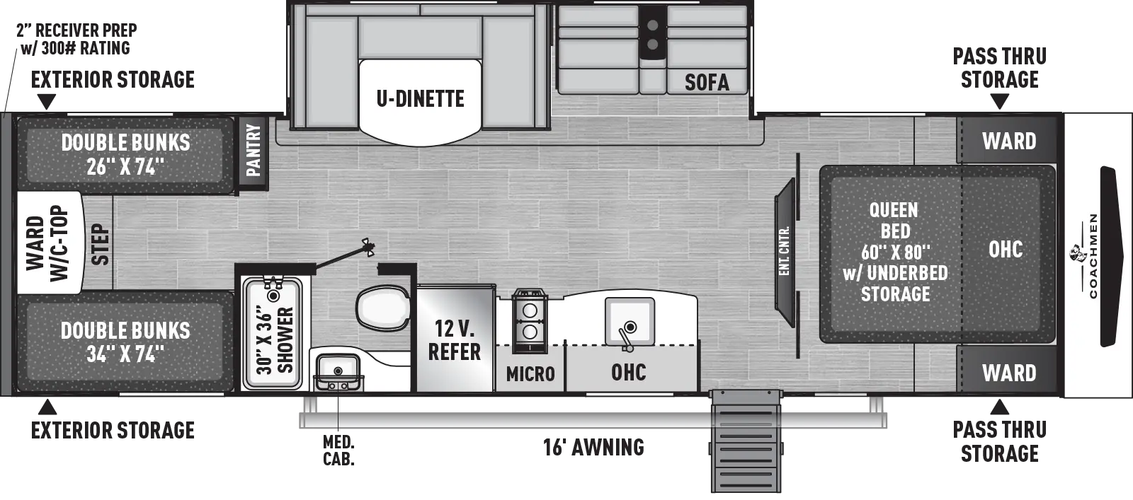 The 29SE has one slide out and one entry. Exterior features front pass-thru storage, a 16 foot awning, and rear storage on both sides. Interior layout front to back: foot-facing queen bed with overhead cabinet and wardrobes on each side; an island entertainment center; off-door side slideout with sofa, overhead cabinet, and u-dinette; door side entry, kitchen counter with sink, overhead cabinet, microwave, cooktop and refrigerator; door side full bathroom; off-door side pantry; rear bunk room with opposing double bunks, and rear wardrobe with countertop and a step.